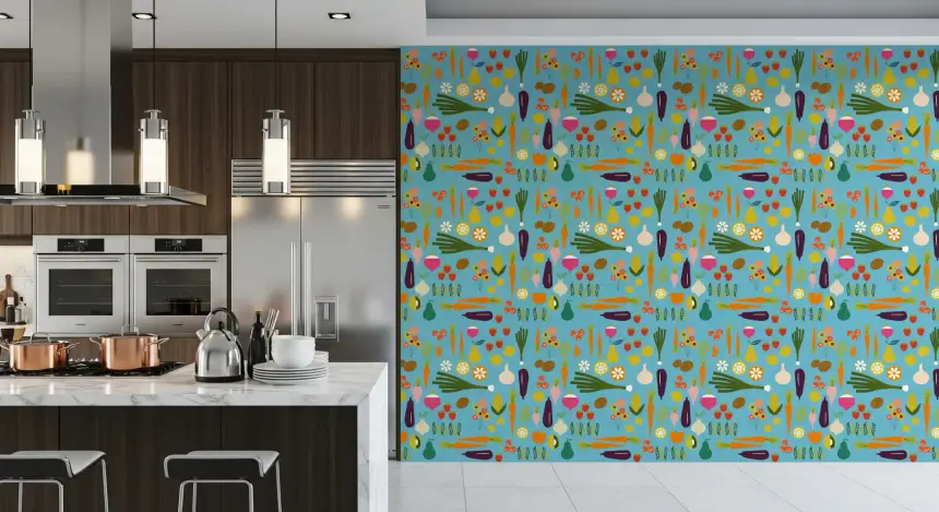 Blue Veggie Wallpaper Mid Century Modern Kitchen Wallpaper