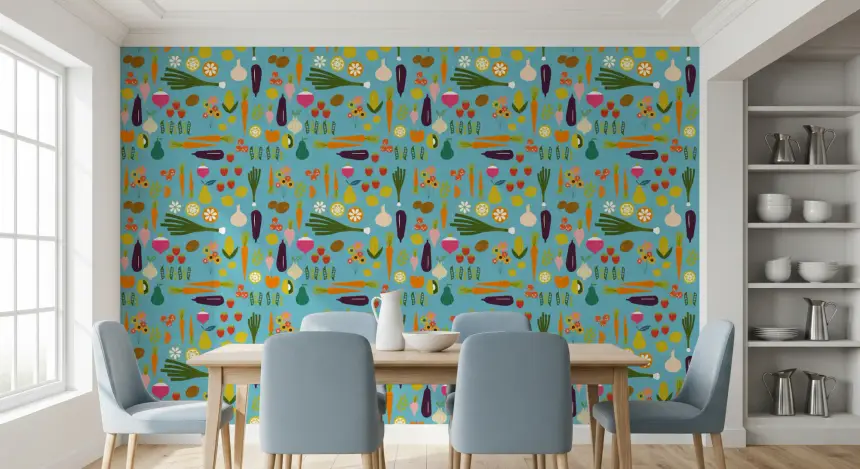 Blue Veggie Wallpaper Mid Century Modern Kitchen Wallpaper