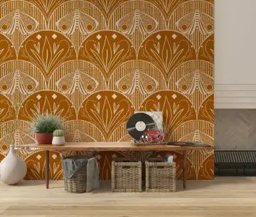 Art Nouveau Moth and Floral Wallpaper in Ochre