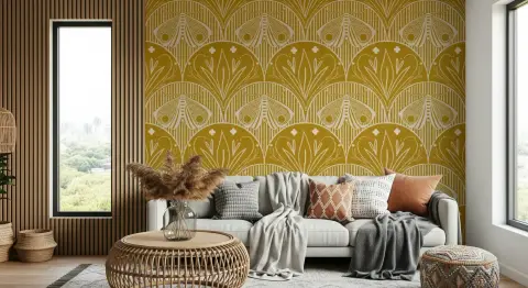 Mustard Yellow Art Nouveau Moth Wallpaper