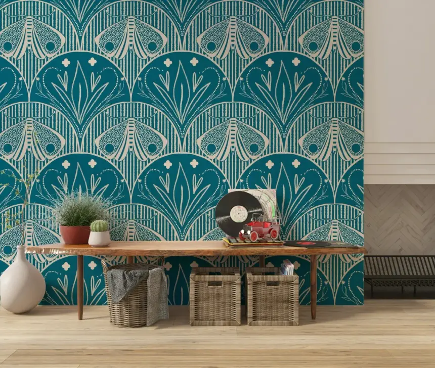 Boho Art Nouveau Scallop Butterfly Floral in Teal Blue Wallpaper