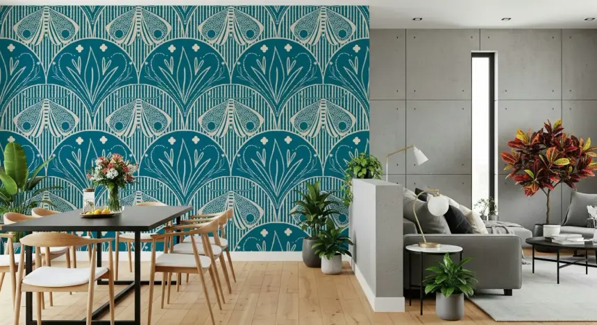 Boho Art Nouveau Scallop Butterfly Floral in Teal Blue Wallpaper