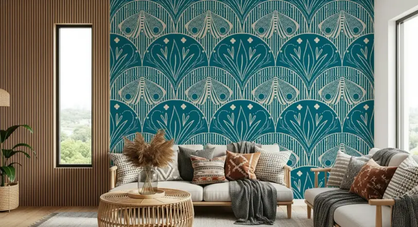 Boho Art Nouveau Scallop Butterfly Floral in Teal Blue Wallpaper