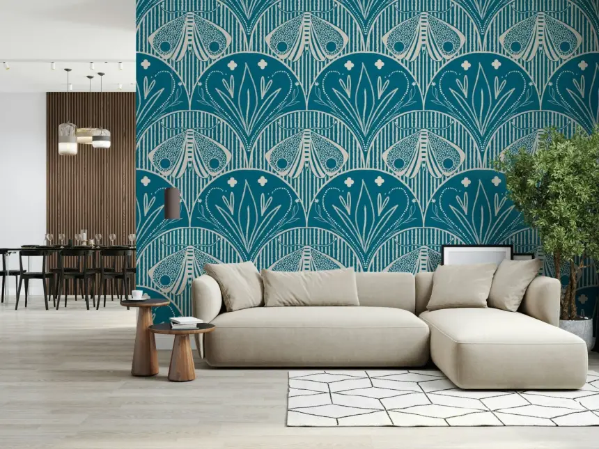 Boho Art Nouveau Scallop Butterfly Floral in Teal Blue Wallpaper