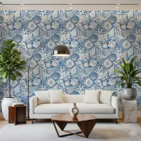 Seashell and Coral Patterned Blue Wallpaper