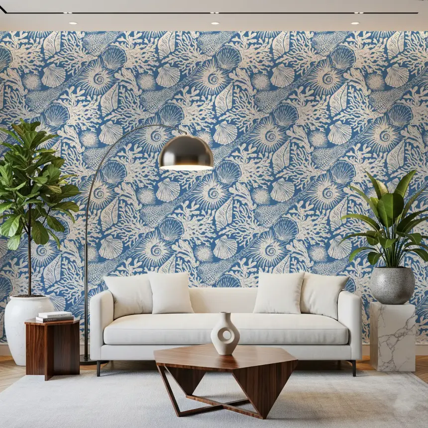 Boho Seashell & Coral Denim Blue Wallpaper