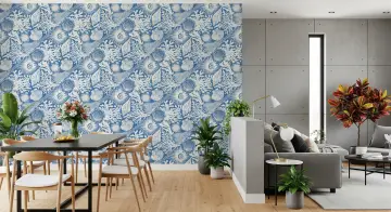 Seashell and Coral Patterned Blue Wallpaper