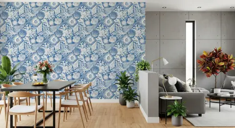 Seashell and Coral Patterned Blue Wallpaper
