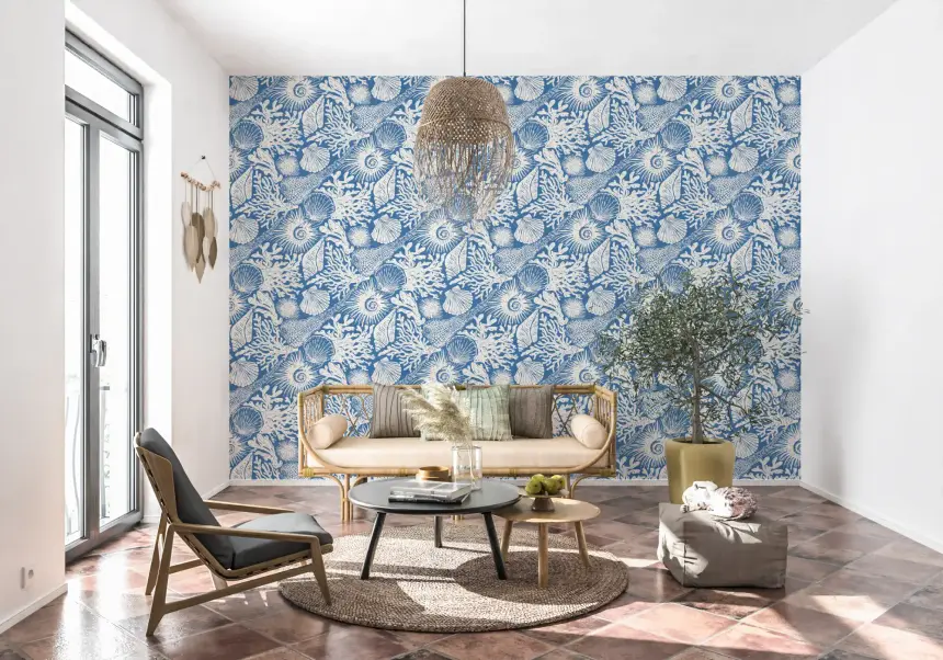 Boho Seashell & Coral Denim Blue Wallpaper