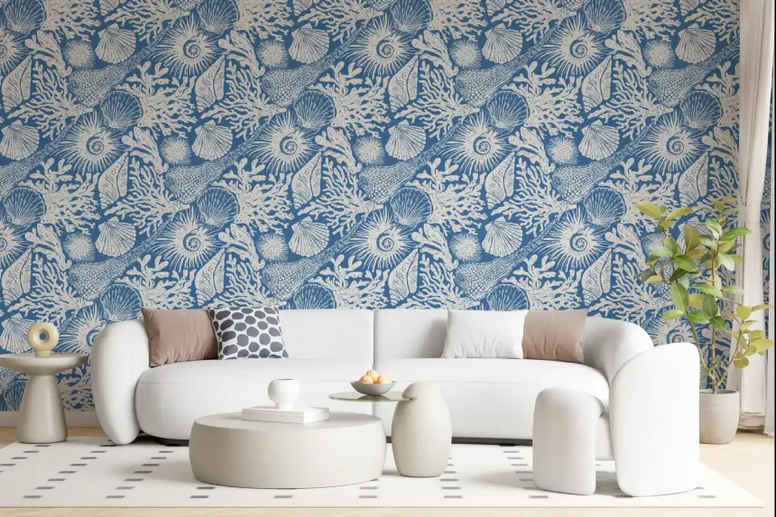 Boho Seashell & Coral Denim Blue Wallpaper