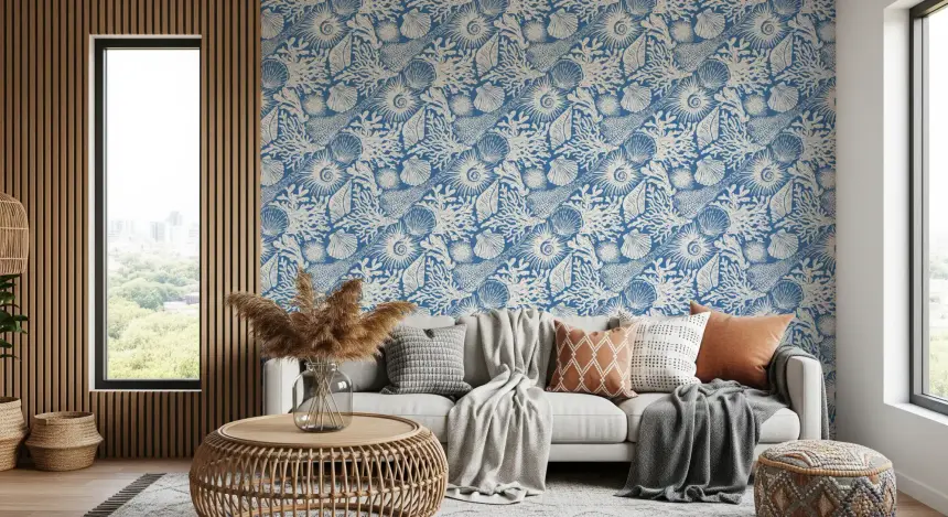 Boho Seashell & Coral Denim Blue Wallpaper