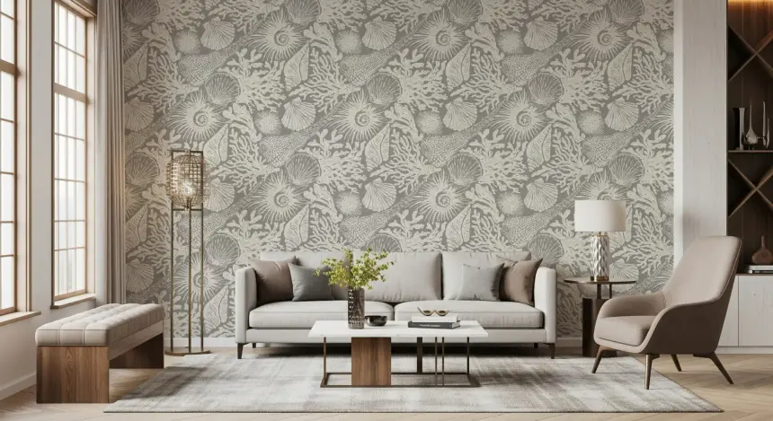 Boho Seashell & Coral Gray Wallpaper