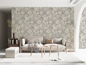 Greige Nautical Shells and Coral Branch Wallpaper
