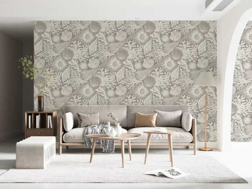 Boho Seashell & Coral Gray Wallpaper