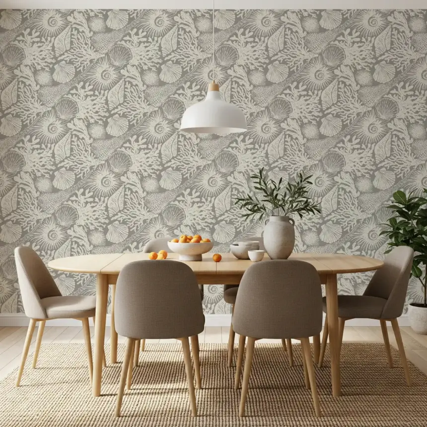 Boho Seashell & Coral Gray Wallpaper