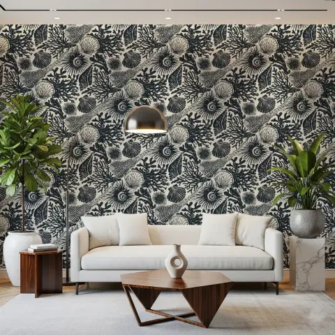 Vintage Indigo Marine Flora Fauna Wallpaper Mural