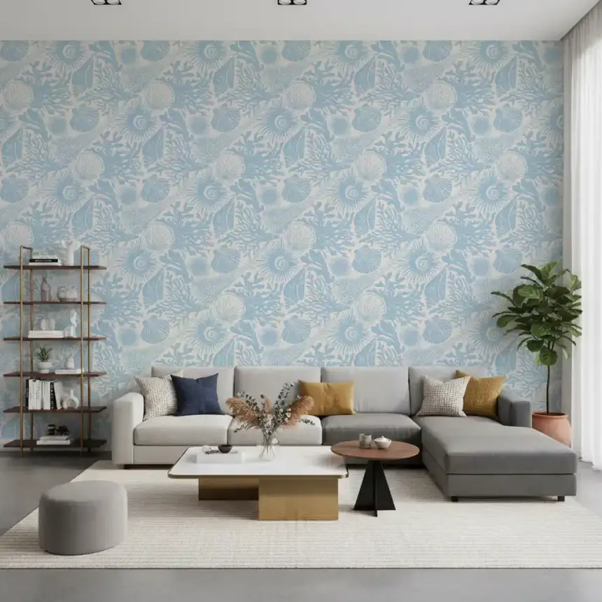 Boho Seashell & Coral Soft Blue Wallpaper