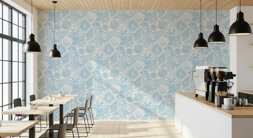 Boho Seashell & Coral Soft Blue Wallpaper