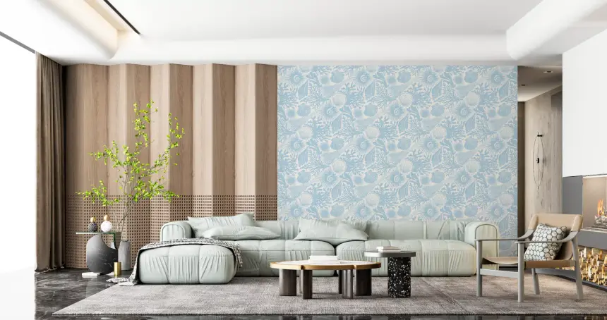 Boho Seashell & Coral Soft Blue Wallpaper