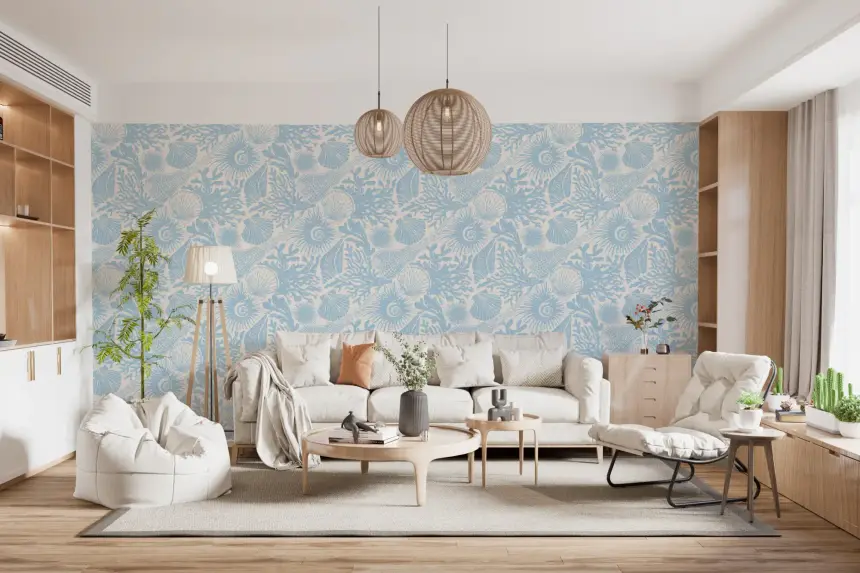 Boho Seashell & Coral Soft Blue Wallpaper