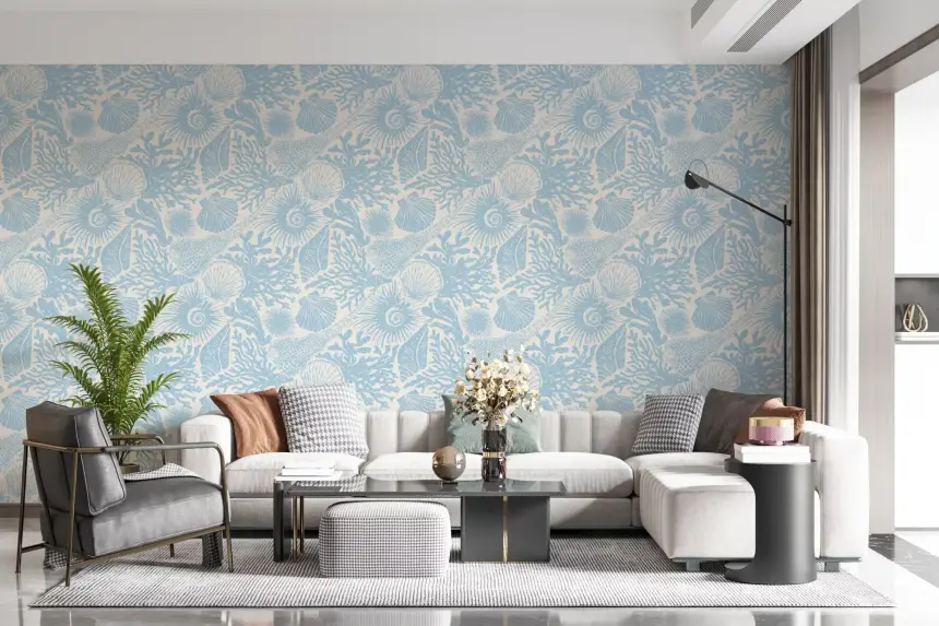 Boho Seashell & Coral Soft Blue Wallpaper