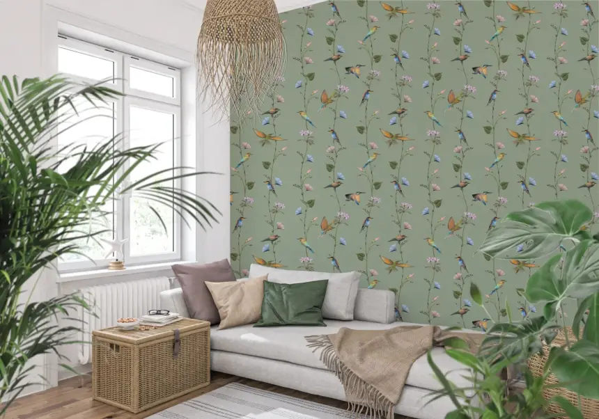Botanical Birds in Soft Pastels Wallpaper