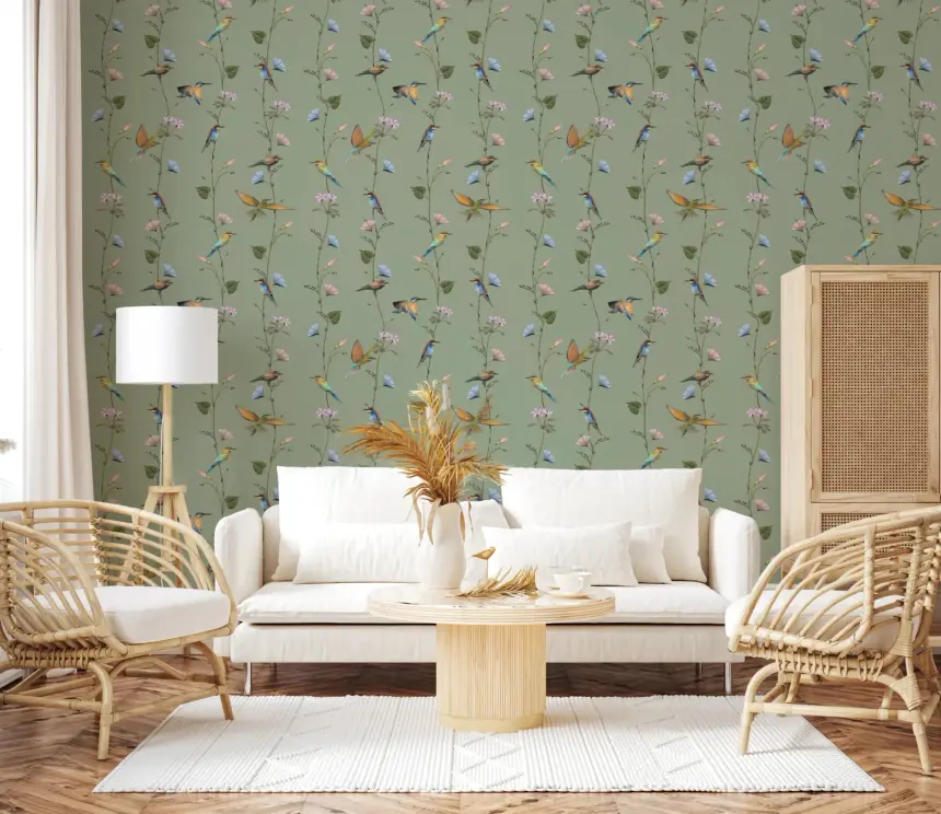 Botanical Birds in Soft Pastels Wallpaper