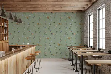 Sage Green Bird and Floral Trail Wallpaper