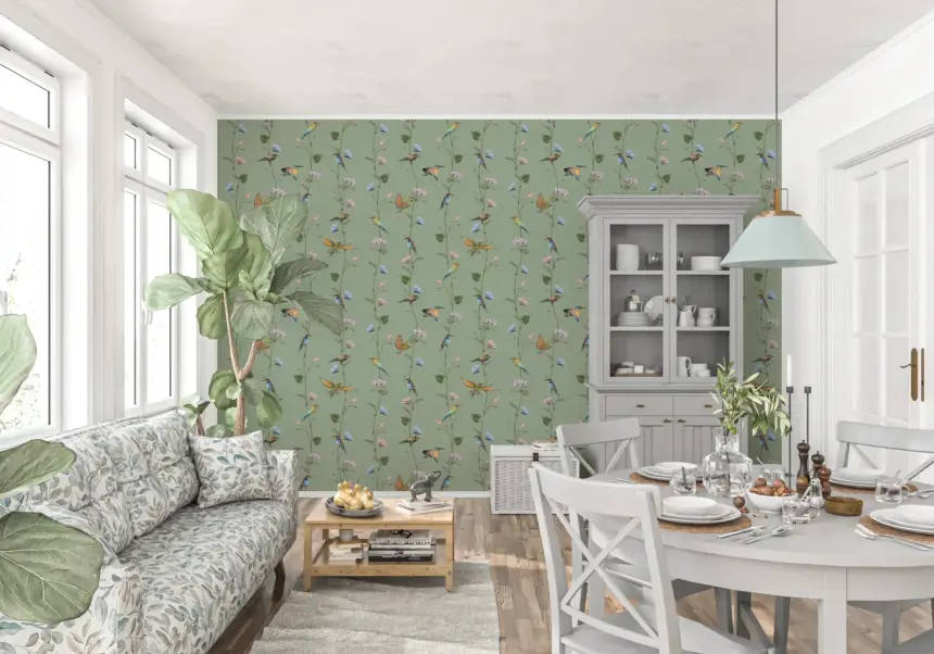 Botanical Birds in Soft Pastels Wallpaper