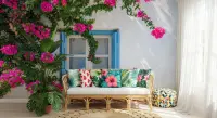 Vibrant Bougainvillea and Blue Window Wall Mural
