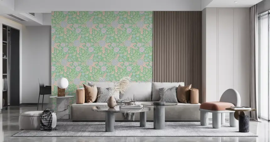 Buds and Blossom Floral Cottagecore Pastel Garden Green Wallpaper