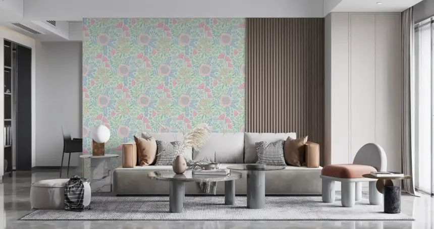 Buds and Blossom Floral Cottagecore Pastel Mint Green Wallpaper