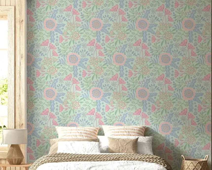 Buds and Blossom Floral Cottagecore Pastel Mint Green Wallpaper