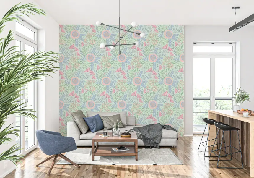 Buds and Blossom Floral Cottagecore Pastel Mint Green Wallpaper
