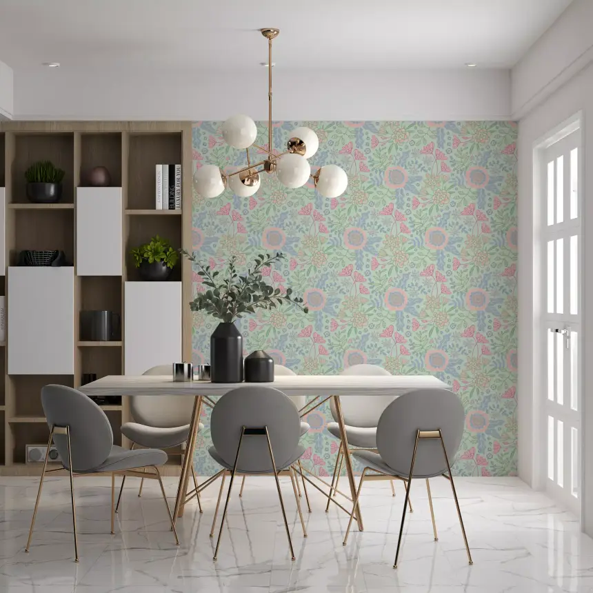 Buds and Blossom Floral Cottagecore Pastel Mint Green Wallpaper