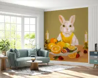 Whimsical Rabbit and Fruit Still Life Wall Mural