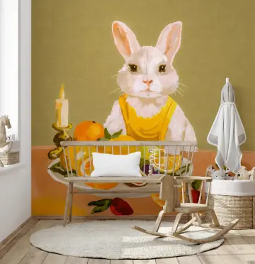 Whimsical Rabbit and Fruit Still Life Wall Mural