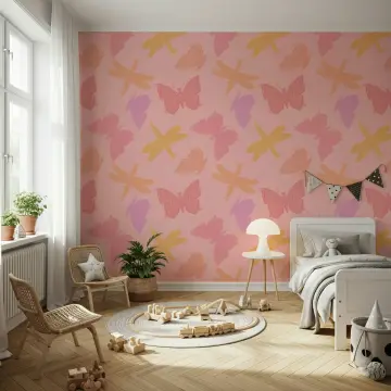Playful Pink Butterfly and Dragonfly Pattern Wallpaper