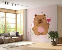 Charming Capybara Love Pink Grid Wallpaper