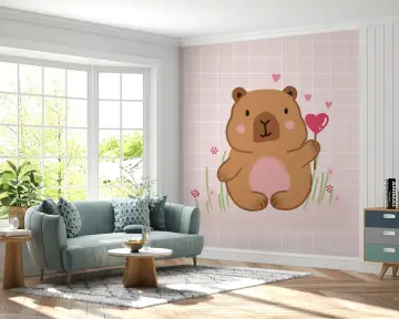 Charming Capybara Love Pink Grid Wallpaper
