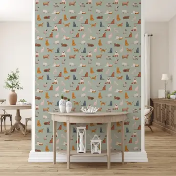 Whimsical Cat Pattern Mint Green Wallpaper