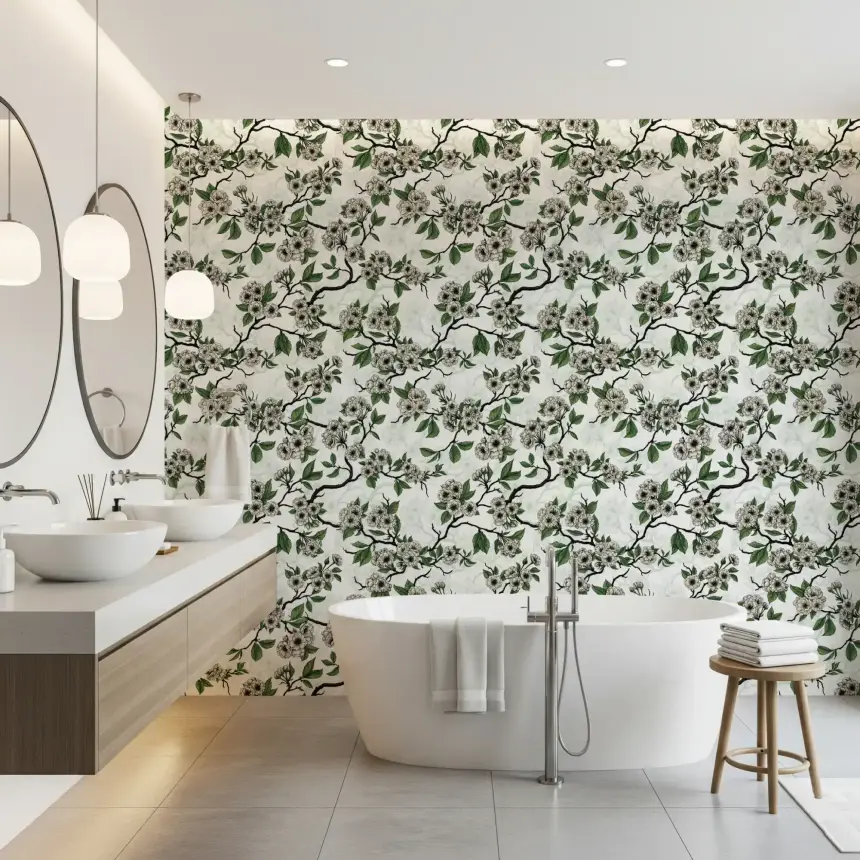Cherry Blossom on White Wallpaper
