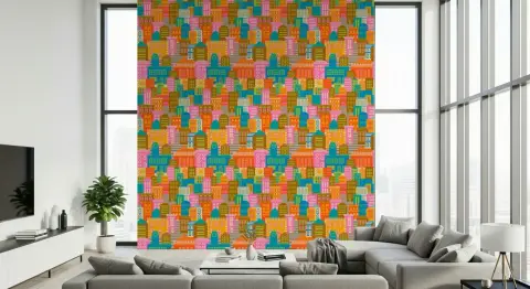 Vibrant Retro Cityscape Pattern Wallpaper