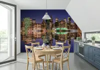 Illuminated Night Skyline Mirror Reflection Wallpaper