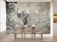 Grayscale European Lakeside Mansion Wall Mural