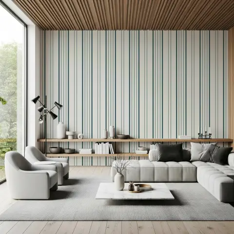 Contemporary Cream and Teal Vertical Stripe Wallpaper