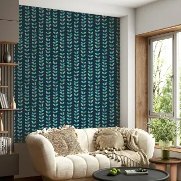 Modern Botanical Leaf Stripe Navy Blue Wallpaper