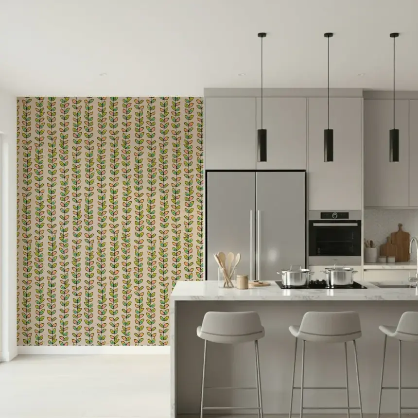Climbing Vines Stripe Retro Leaves Off-White Wallpaper