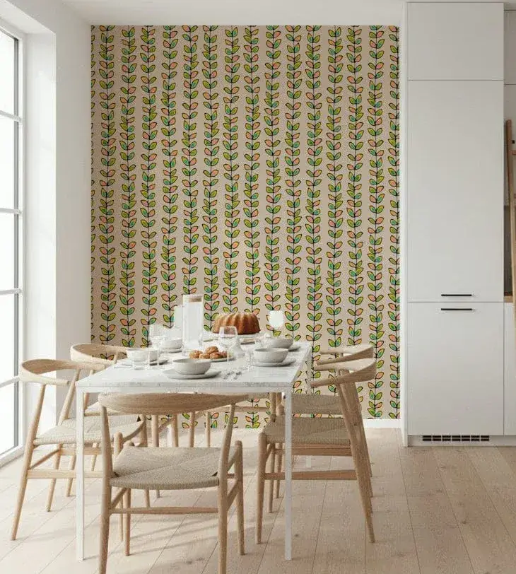 Climbing Vines Stripe Retro Leaves Off-White Wallpaper