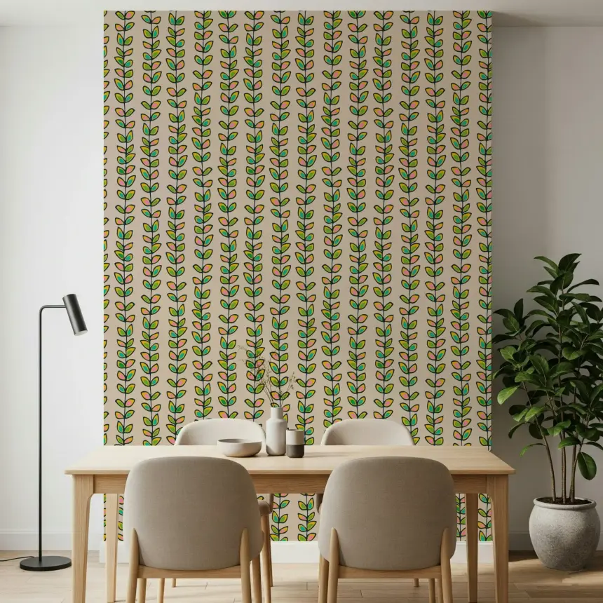 Climbing Vines Stripe Retro Leaves Off-White Wallpaper
